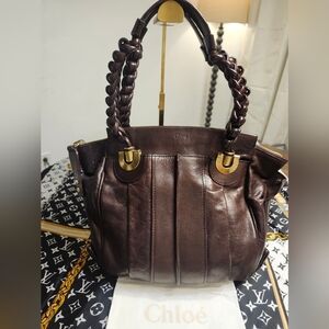 Chloe Dark Brown Leather Shoulder Bag with Gold Accents